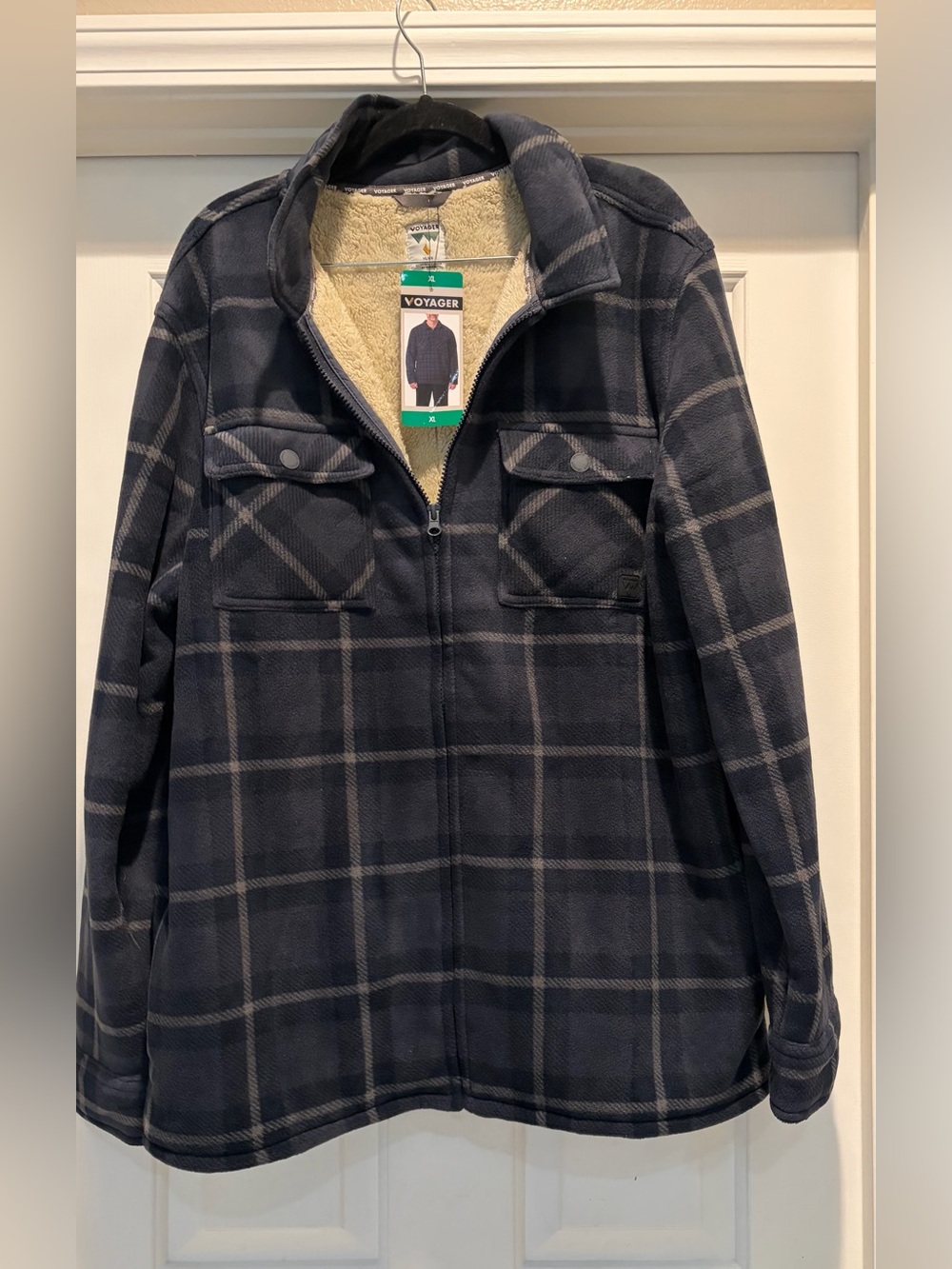 Voyager Men's Navy Plaid Sherpa-Lined Zip Shirt Jacket